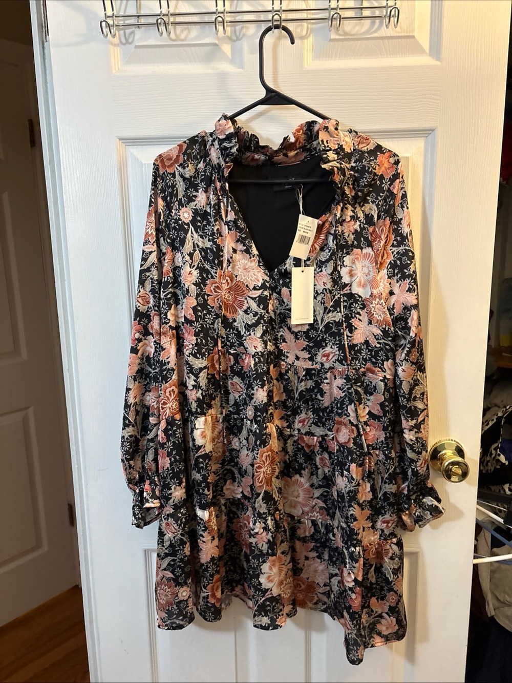 Vici Black Floral Mini Dress with Peach Blooms